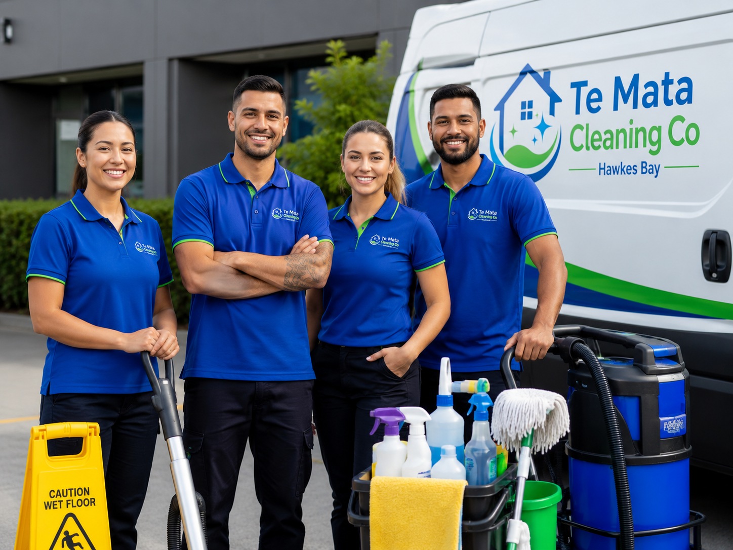 Te Mata Cleaning Co team with branded van