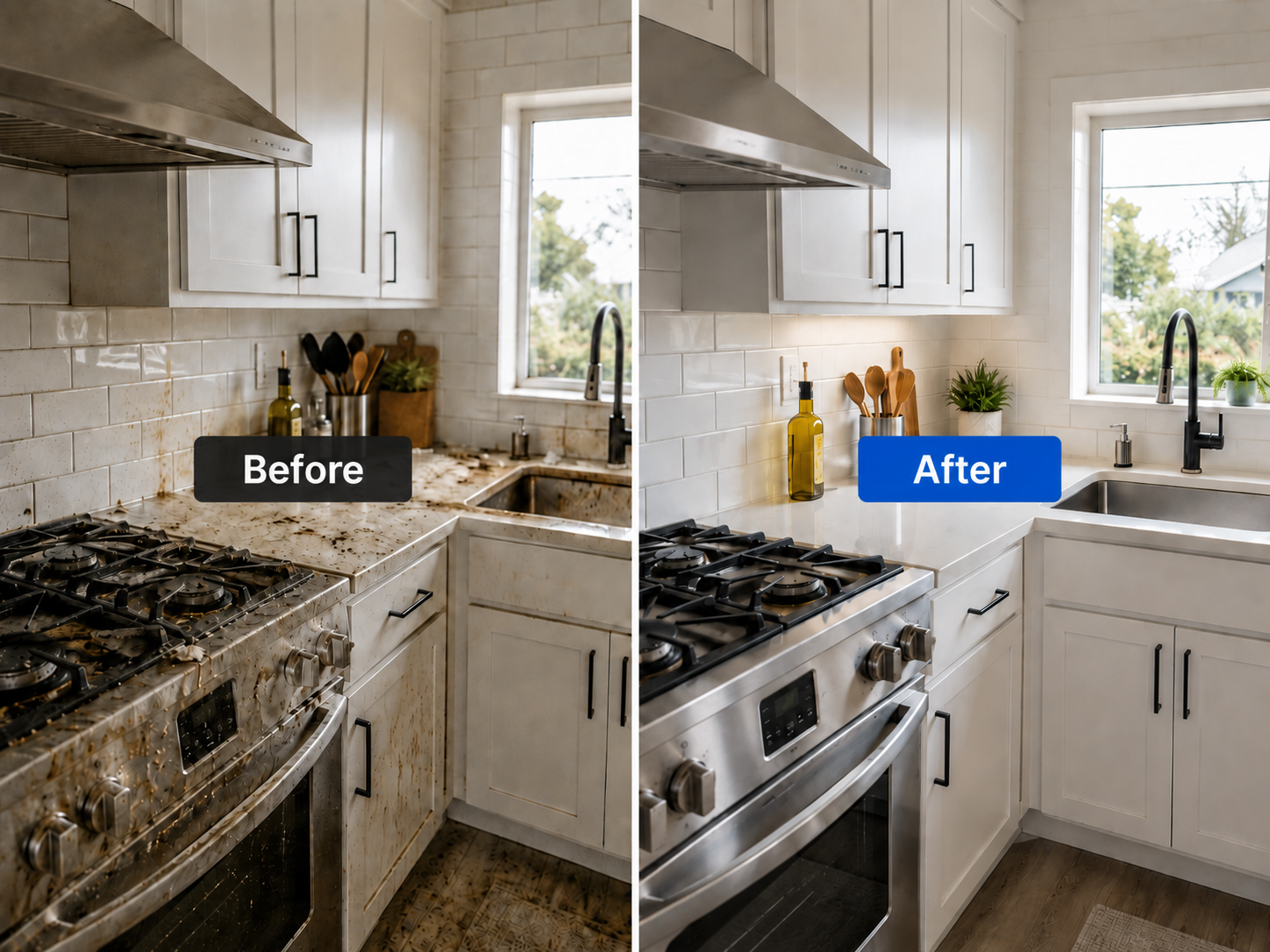Kitchen before and after cleaning